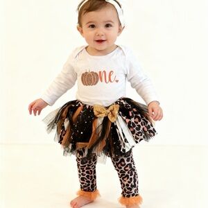 Baby Girls White 'One' Pumpkin Top & Leopard Tutu Set